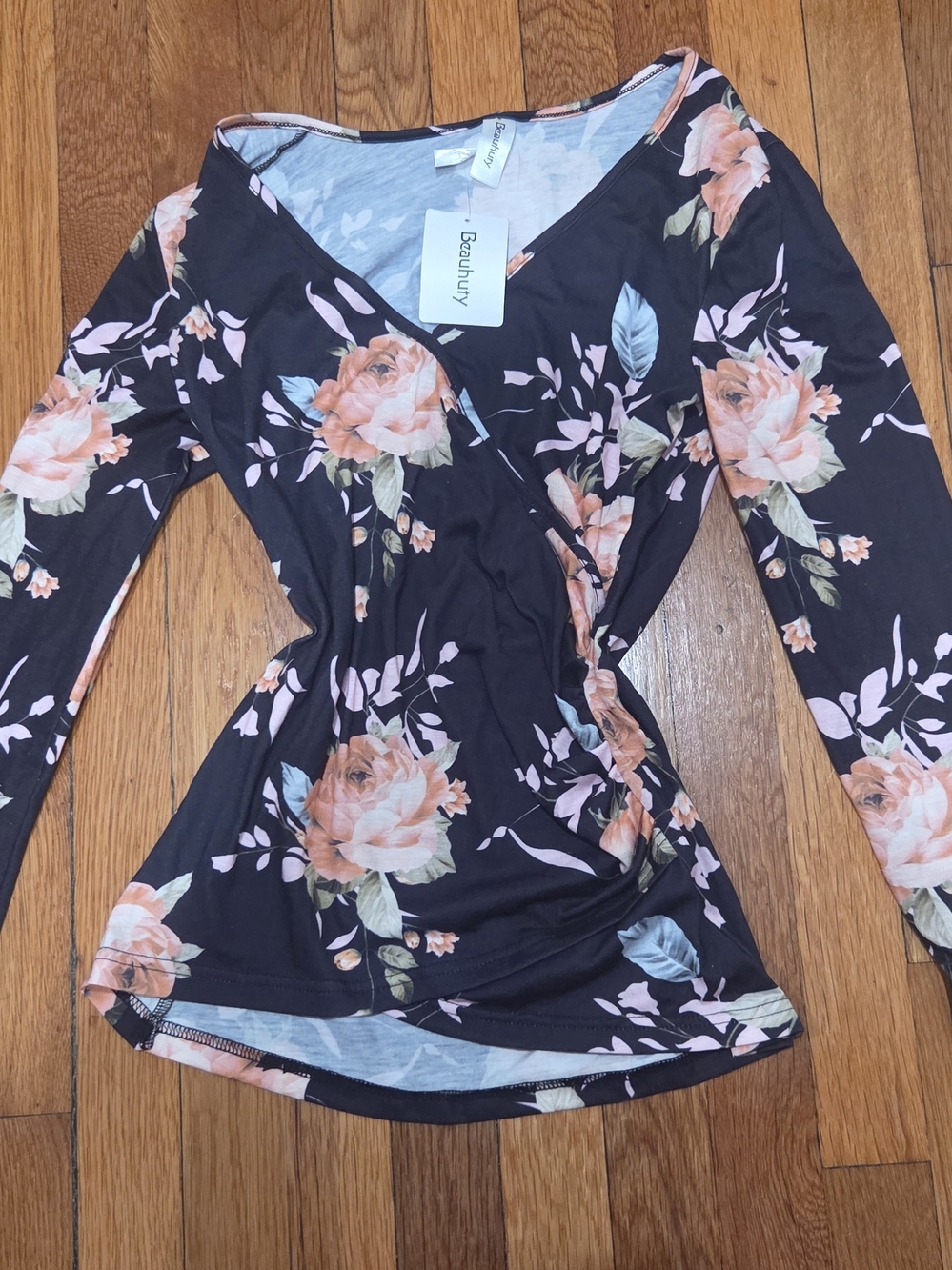 Beauhuty Black Floral Wrap-Style Long Sleeve Top - Peach Rose